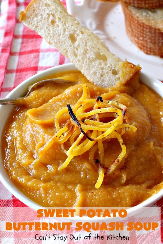Sweet Potato Butternut Squash Soup | Can't Stay Out of the Kitchen | this delectable 30-minute #soup is amazing comfort food. It's terrific for cold, winter days. It's healthy, #glutenfree & #vegan. #apples #butternutsquash #sweetpotatoes 