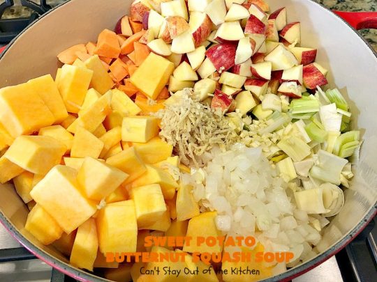 Sweet Potato Butternut Squash Soup | Can't Stay Out of the Kitchen | this delectable 30-minute #soup is amazing comfort food. It's terrific for cold, winter days. It's healthy, #glutenfree & #vegan. #apples #butternutsquash #sweetpotatoes 