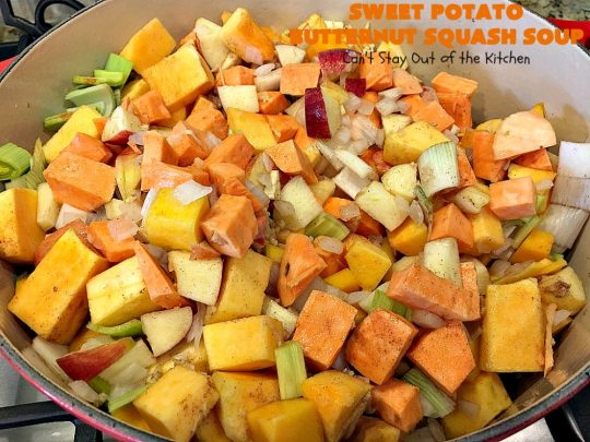 Sweet Potato Butternut Squash Soup | Can't Stay Out of the Kitchen | this delectable 30-minute #soup is amazing comfort food. It's terrific for cold, winter days. It's healthy, #glutenfree & #vegan. #apples #butternutsquash #sweetpotatoes 