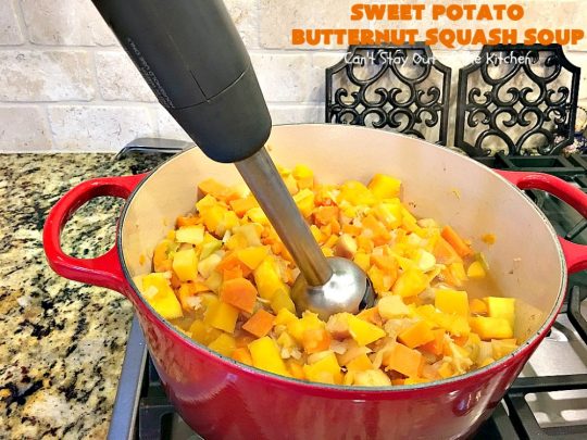 Sweet Potato Butternut Squash Soup | Can't Stay Out of the Kitchen | this delectable 30-minute #soup is amazing comfort food. It's terrific for cold, winter days. It's healthy, #glutenfree & #vegan. #apples #butternutsquash #sweetpotatoes 