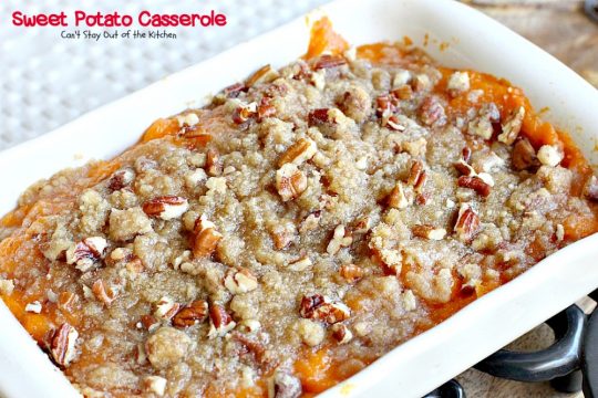 Sweet Potato Casserole | Can't Stay Out of the Kitchen | This amazing #casserole is always one of our most requested #holiday #sidedishes. Everyone loves the souffle texture and #praline topping. #sweetpotatoes