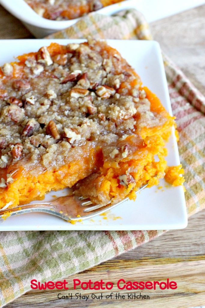 Sweet Potato Casserole | Can't Stay Out of the Kitchen | This amazing #casserole is always one of our most requested #holiday #sidedishes. Everyone loves the souffle texture and #praline topping. #sweetpotatoes
