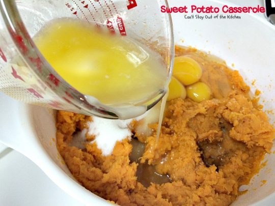 Sweet Potato Casserole | Can't Stay Out of the Kitchen | This amazing #casserole is always one of our most requested #holiday #sidedishes. Everyone loves the souffle texture and #praline topping. #sweetpotatoes