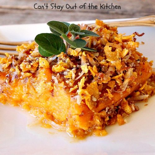 Sweet Potato Casserole with Coconut Praline Topping | Can't Stay Out of the Kitchen | this quick & easy side dish uses only 8 ingredients making it so easy for the #holidays. Perfect for #Christmas dinner. The topping includes #coconut, #pecans & #CornFlakes! So, so good. #SweetPotatoes #SweetPotatoCasserole #casserole #sidedish #HolidaySideDish #ChristmasSideDish #EasyHolidaySideDish