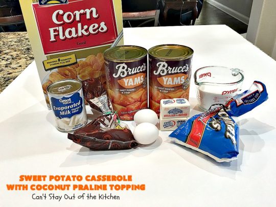 Sweet Potato Casserole with Coconut Praline Topping | Can't Stay Out of the Kitchen | this quick & easy side dish uses only 8 ingredients making it so easy for the #holidays. Perfect for #Christmas dinner. The topping includes #coconut, #pecans & #CornFlakes! So, so good. #SweetPotatoes #SweetPotatoCasserole #casserole #sidedish #HolidaySideDish #ChristmasSideDish #EasyHolidaySideDish