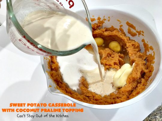 Sweet Potato Casserole with Coconut Praline Topping | Can't Stay Out of the Kitchen | this quick & easy side dish uses only 8 ingredients making it so easy for the #holidays. Perfect for #Christmas dinner. The topping includes #coconut, #pecans & #CornFlakes! So, so good. #SweetPotatoes #SweetPotatoCasserole #casserole #sidedish #HolidaySideDish #ChristmasSideDish #EasyHolidaySideDish