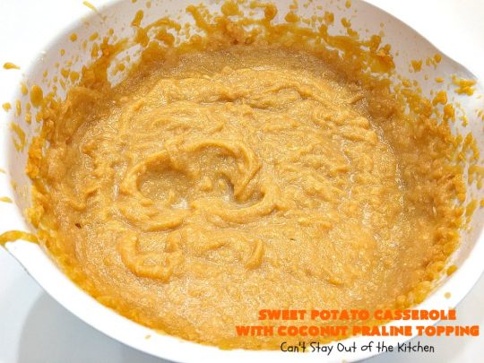 Sweet Potato Casserole with Coconut Praline Topping | Can't Stay Out of the Kitchen | this quick & easy side dish uses only 8 ingredients making it so easy for the #holidays. Perfect for #Christmas dinner. The topping includes #coconut, #pecans & #CornFlakes! So, so good. #SweetPotatoes #SweetPotatoCasserole #casserole #sidedish #HolidaySideDish #ChristmasSideDish #EasyHolidaySideDish
