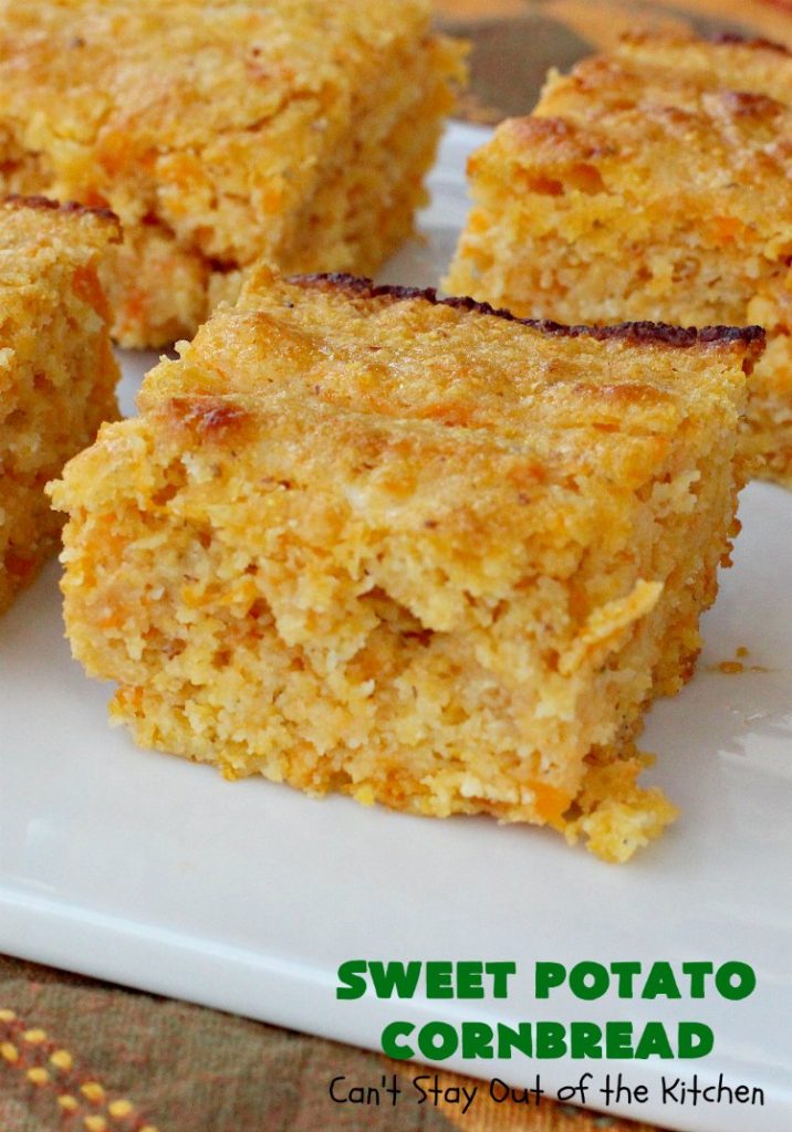 Sweet Potato Cornbread | Can't Stay Out of the Kitchen | this fantastic #cornbread includes #SweetPotatoes for a delightfully #southern spin on traditional cornbread #recipes. This #healthy version is #GlutenFree & #CleanEating. Terrific #SideDish for company or #holiday menus like #FathersDay. We enjoy it for #Breakfast as well as dinner. #SweetPotatoCornbread