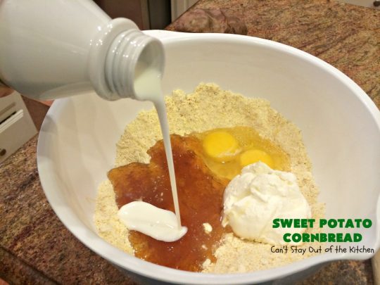 Sweet Potato Cornbread | Can't Stay Out of the Kitchen | this fantastic #cornbread includes #SweetPotatoes for a delightfully #southern spin on traditional cornbread #recipes. This #healthy version is #GlutenFree & #CleanEating. Terrific #SideDish for company or #holiday menus like #FathersDay. We enjoy it for #Breakfast as well as dinner. #SweetPotatoCornbread