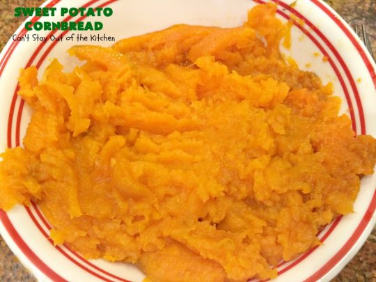 Sweet Potato Cornbread | Can't Stay Out of the Kitchen | this fantastic #cornbread includes #SweetPotatoes for a delightfully #southern spin on traditional cornbread #recipes. This #healthy version is #GlutenFree & #CleanEating. Terrific #SideDish for company or #holiday menus like #FathersDay. We enjoy it for #Breakfast as well as dinner. #SweetPotatoCornbread