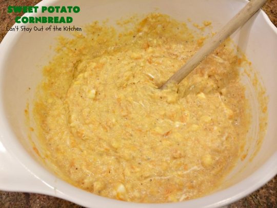 Sweet Potato Cornbread | Can't Stay Out of the Kitchen | this fantastic #cornbread includes #SweetPotatoes for a delightfully #southern spin on traditional cornbread #recipes. This #healthy version is #GlutenFree & #CleanEating. Terrific #SideDish for company or #holiday menus like #FathersDay. We enjoy it for #Breakfast as well as dinner. #SweetPotatoCornbread