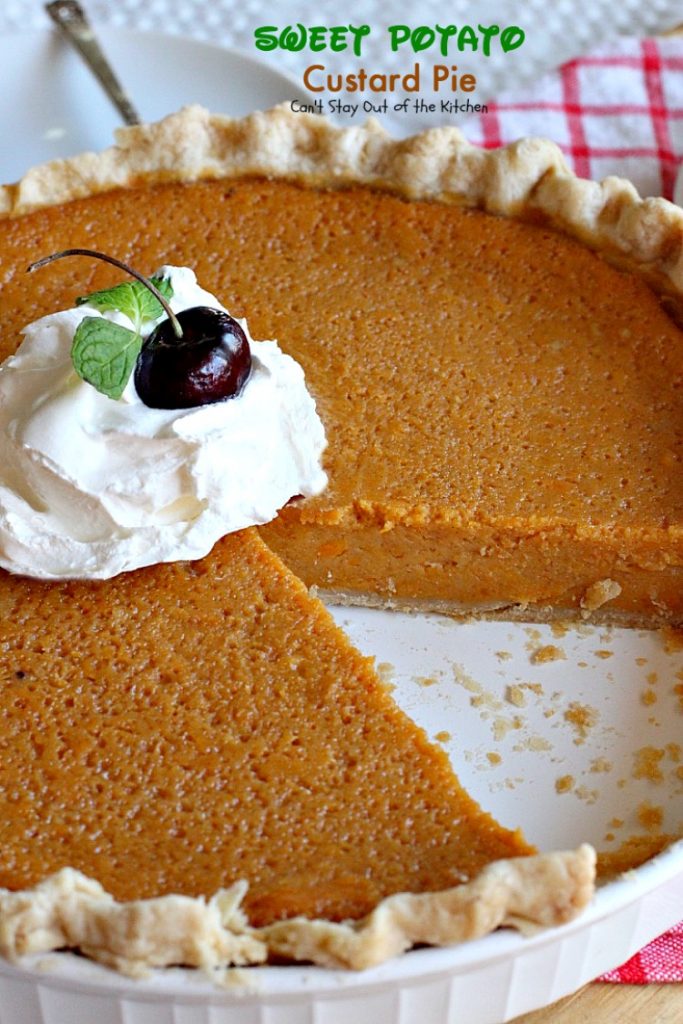 Sweet Potato Custard Pie | Can't Stay Out of the Kitchen | this heavenly #sweetpotato #pie is divine! No kidding. This one includes almond extract and #marshmallowcreme. Great for the #holidays. #dessert