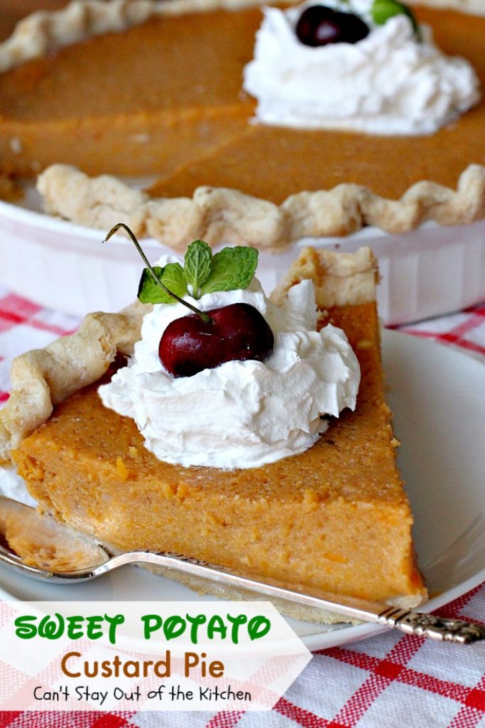 Sweet Potato Custard Pie | Can't Stay Out of the Kitchen | this heavenly #sweetpotato #pie is divine! No kidding. This one includes almond extract and #marshmallowcreme. Great for the #holidays. #dessert