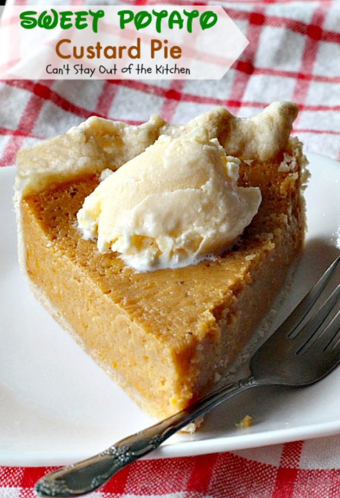 Sweet Potato Custard Pie | Can't Stay Out of the Kitchen | this heavenly #sweetpotato #pie is divine! No kidding. This one includes almond extract and #marshmallowcreme. Great for the #holidays. #dessert