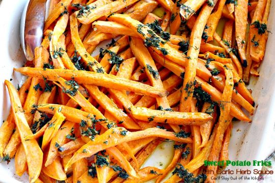 Sweet Potato Fries with Garlic Herb Sauce | Can't Stay Out of the Kitchen | these delectable #sweetpotatoes are a wonderful #sidedish for any meal. Great #holiday #casserole, too. #glutenfree #vegan #cleaneating