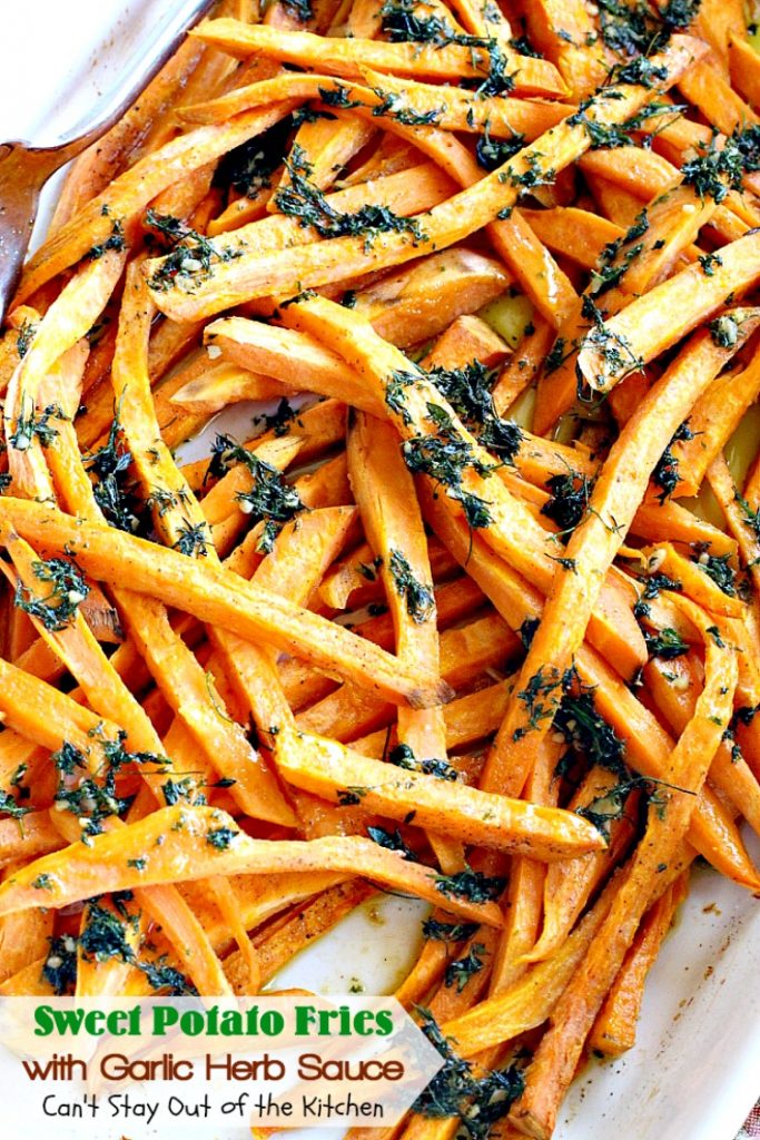 Sweet Potato Fries with Garlic Herb Sauce | Can't Stay Out of the Kitchen | these delectable #sweetpotatoes are a wonderful #sidedish for any meal. Great #holiday #casserole, too. #glutenfree #vegan #cleaneating