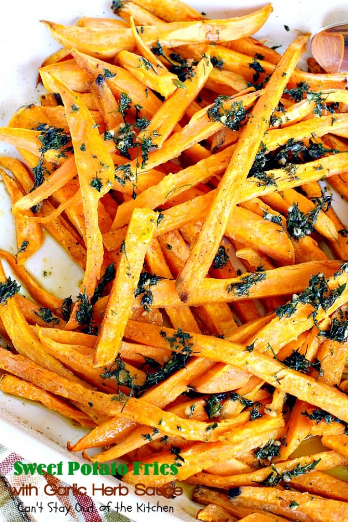 Sweet Potato Fries with Garlic Herb Sauce | Can't Stay Out of the Kitchen | these delectable #sweetpotatoes are a wonderful #sidedish for any meal. Great #holiday #casserole, too. #glutenfree #vegan #cleaneating