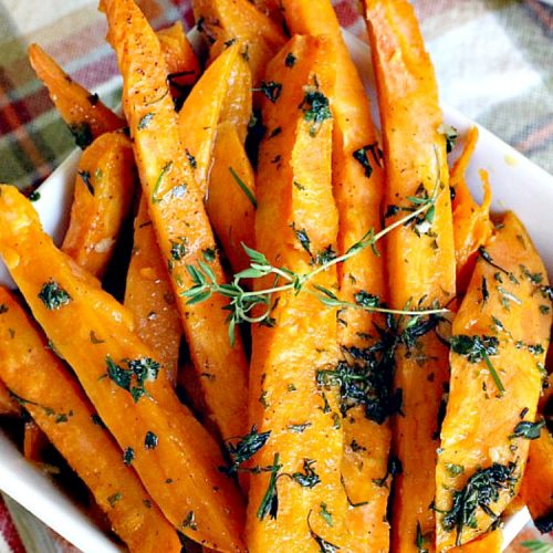 Sweet Potato Fries with Garlic Herb Sauce | Can't Stay Out of the Kitchen | these delectable #sweetpotatoes are a wonderful #sidedish for any meal. Great #holiday #casserole, too. #glutenfree #vegan #cleaneating