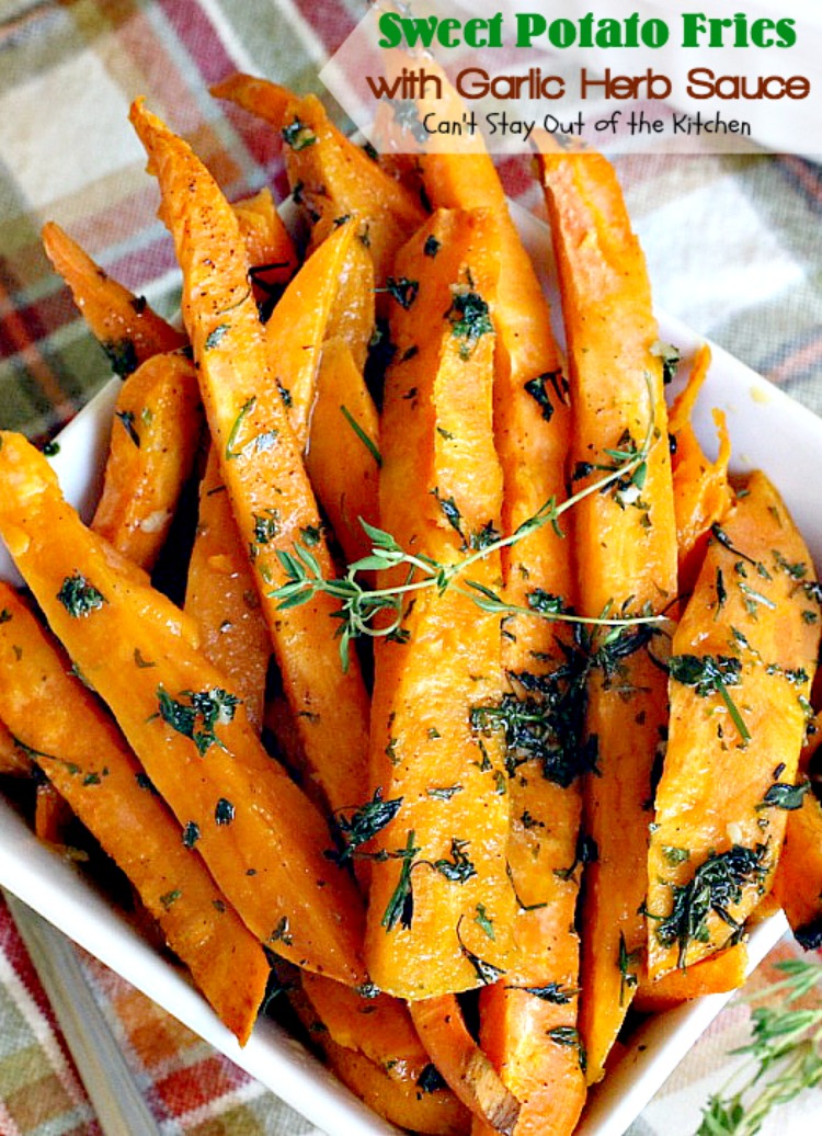Sweet Potato Fries with Garlic Herb Sauce | Can't Stay Out of the Kitchen | these delectable #sweetpotatoes are a wonderful #sidedish for any meal. Great #holiday #casserole, too. #glutenfree #vegan #cleaneating