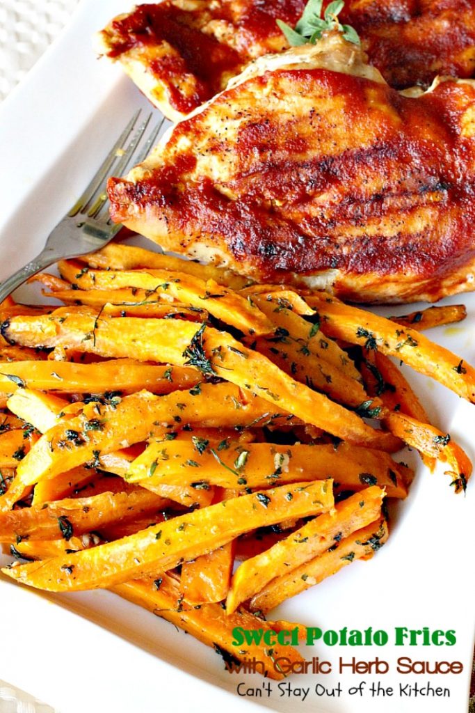 Sweet Potato Fries with Garlic Herb Sauce | Can't Stay Out of the Kitchen | these delectable #sweetpotatoes are a wonderful #sidedish for any meal. Great #holiday #casserole, too. #glutenfree #vegan #cleaneating