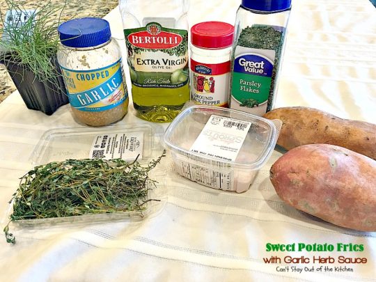 Sweet Potato Fries with Garlic Herb Sauce | Can't Stay Out of the Kitchen | these delectable #sweetpotatoes are a wonderful #sidedish for any meal. Great #holiday #casserole, too. #glutenfree #vegan #cleaneating