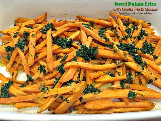 Sweet Potato Fries with Garlic Herb Sauce | Can't Stay Out of the Kitchen | these delectable #sweetpotatoes are a wonderful #sidedish for any meal. Great #holiday #casserole, too. #glutenfree #vegan #cleaneating