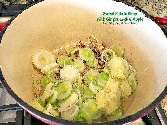 Sweet Potato Soup with Ginger, Leek and Apple | Can't Stay Out of the Kitchen | this delicious #soup is wonderful comfort food & great for cool, winter nights. It's totally satisfying. #apples #sweetpotatoes