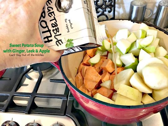 Sweet Potato Soup with Ginger, Leek and Apple | Can't Stay Out of the Kitchen | this delicious #soup is wonderful comfort food & great for cool, winter nights. It's totally satisfying. #apples #sweetpotatoes
