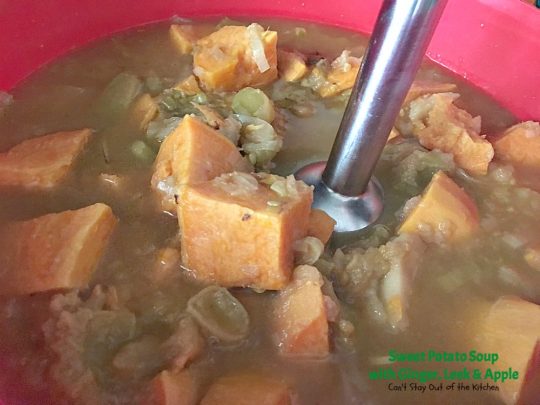 Sweet Potato Soup with Ginger, Leek and Apple | Can't Stay Out of the Kitchen | this delicious #soup is wonderful comfort food & great for cool, winter nights. It's totally satisfying. #apples #sweetpotatoes