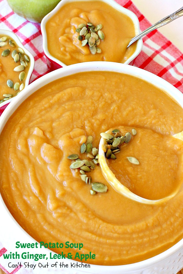 Sweet Potato Soup with Ginger, Leek and Apple | Can't Stay Out of the Kitchen | this delicious #soup is wonderful comfort food & great for cool, winter nights. It's totally satisfying. #apples #sweetpotatoes