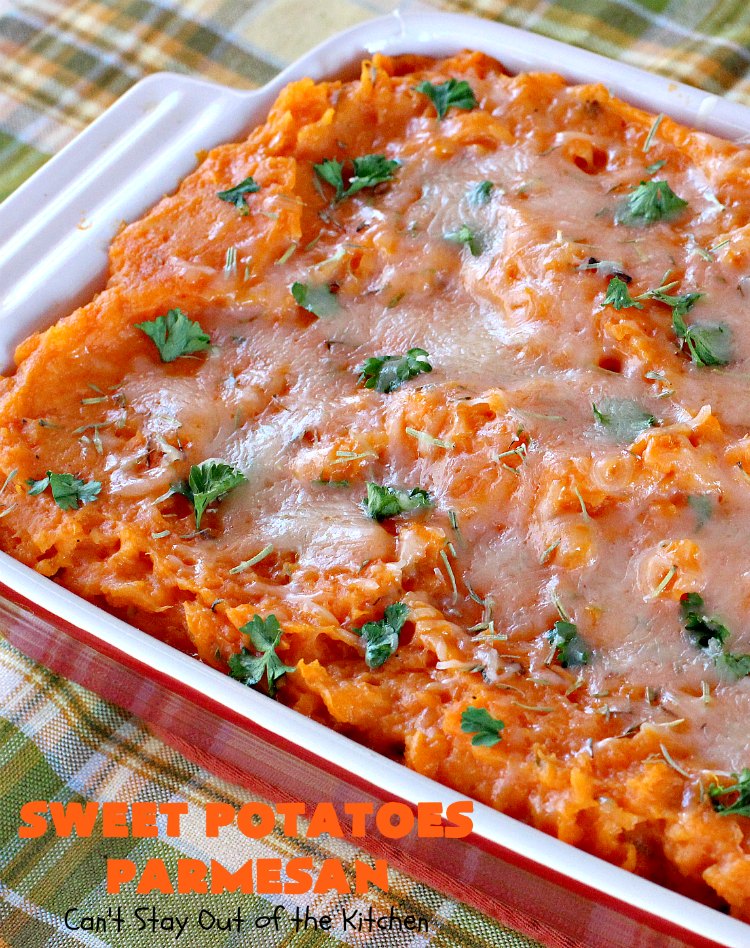 Sweet Potatoes Parmesan | Can't Stay Out of the Kitchen | this is one of our favorite savory #sweetpotato #casseroles. It's filled & topped with #parmesancheese. Great for #Thanksgiving or #Christmas.