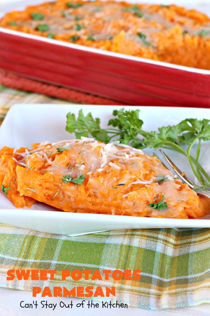 Sweet Potatoes Parmesan | Can't Stay Out of the Kitchen | this is one of our favorite savory #sweetpotato #casseroles. It's filled & topped with #parmesancheese. Great for #Thanksgiving or #Christmas.
