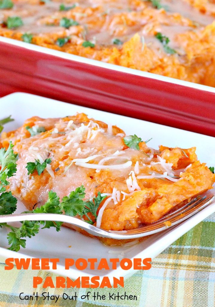 Sweet Potatoes Parmesan | Can't Stay Out of the Kitchen | this is one of our favorite savory #sweetpotato #casseroles. It's filled & topped with #parmesancheese. Great for #Thanksgiving or #Christmas.