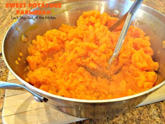 Sweet Potatoes Parmesan | Can't Stay Out of the Kitchen | this is one of our favorite savory #sweetpotato #casseroles. It's filled & topped with #parmesancheese. Great for #Thanksgiving or #Christmas.