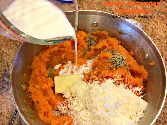 Sweet Potatoes Parmesan | Can't Stay Out of the Kitchen | this is one of our favorite savory #sweetpotato #casseroles. It's filled & topped with #parmesancheese. Great for #Thanksgiving or #Christmas.