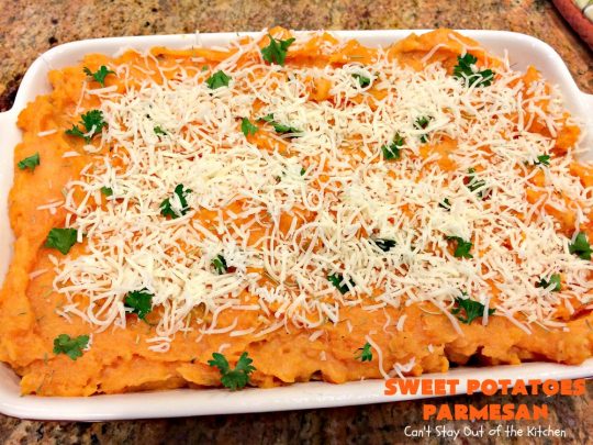 Sweet Potatoes Parmesan | Can't Stay Out of the Kitchen | this is one of our favorite savory #sweetpotato #casseroles. It's filled & topped with #parmesancheese. Great for #Thanksgiving or #Christmas.