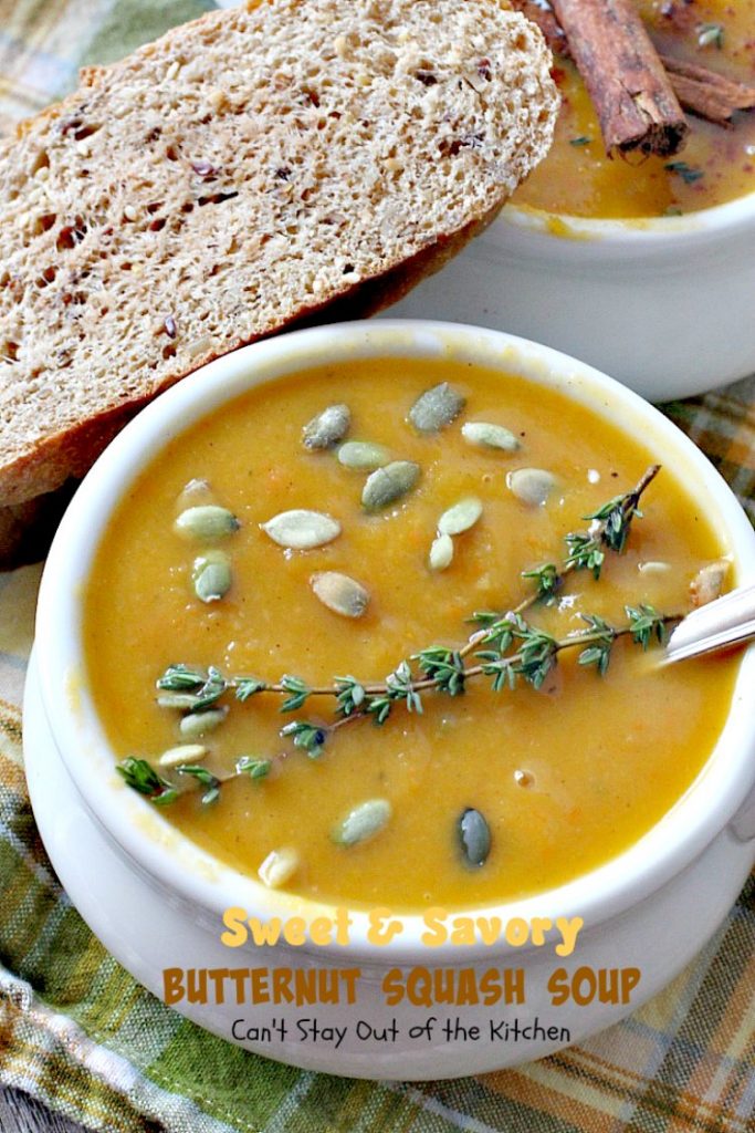 Sweet and Savory Butternut Squash Soup | Can't Stay Out of the Kitchen | this delicious #soup is wonderfully comforting. It's filled with veggies & #butternutsquash for a healthy, clean eating #glutenfree & #vegan recipe you will enjoy down to the last drop!