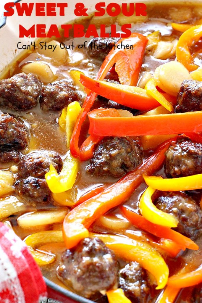 Sweet and Sour Meatballs | Can't Stay Out of the Kitchen | this #meatball entree is awesome! It's made with a delicious sweet & sour sauce & filled with bell peppers, #pineapple & water chestnuts. Served over #rice, this is the perfect weeknight meal. #beef #glutenfree