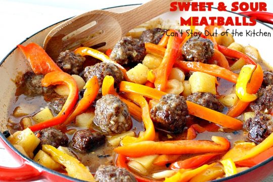 Sweet and Sour Meatballs | Can't Stay Out of the Kitchen | this #meatball entree is awesome! It's made with a delicious sweet & sour sauce & filled with bell peppers, #pineapple & water chestnuts. Served over #rice, this is the perfect weeknight meal. #beef #glutenfree