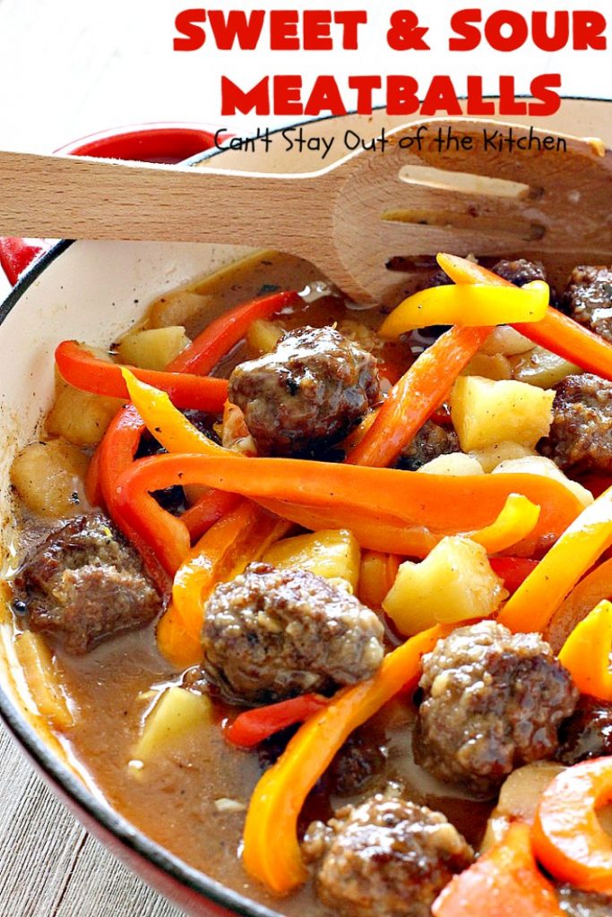 Sweet and Sour Meatballs | Can't Stay Out of the Kitchen | this #meatball entree is awesome! It's made with a delicious sweet & sour sauce & filled with bell peppers, #pineapple & water chestnuts. Served over #rice, this is the perfect weeknight meal. #beef #glutenfree