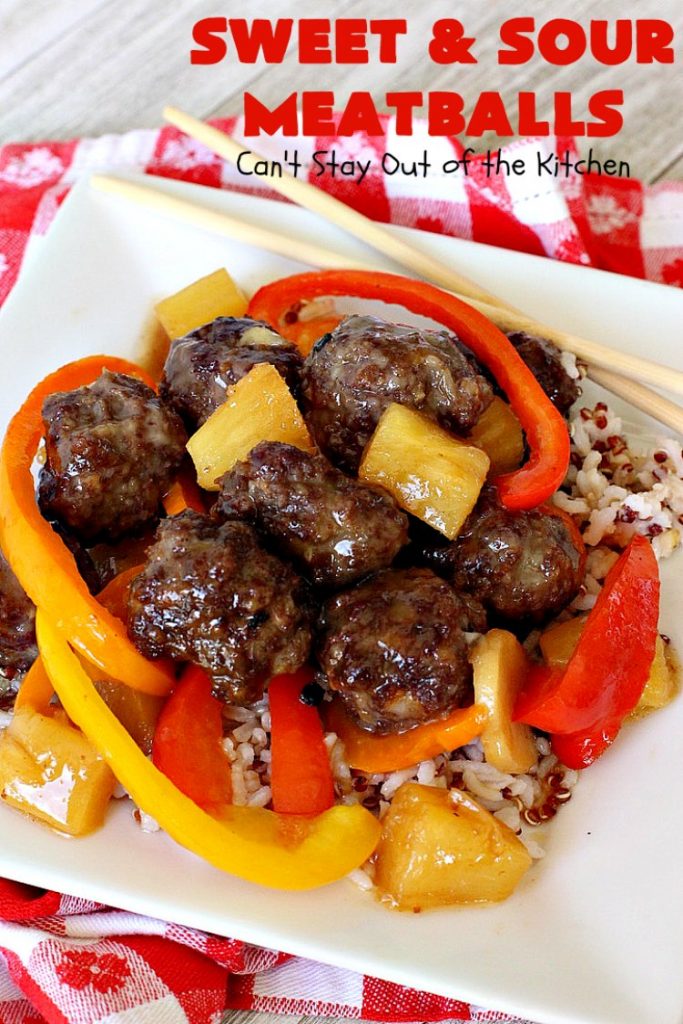 Sweet and Sour Meatballs | Can't Stay Out of the Kitchen | this #meatball entree is awesome! It's made with a delicious sweet & sour sauce & filled with bell peppers, #pineapple & water chestnuts. Served over #rice, this is the perfect weeknight meal. #beef #glutenfree