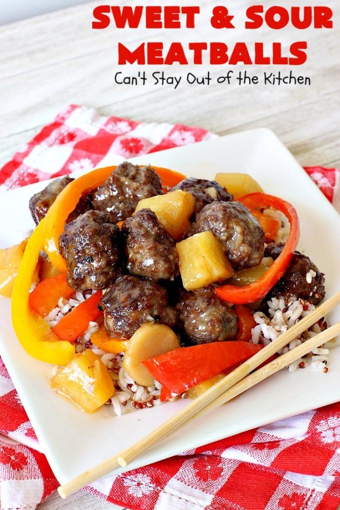 Sweet and Sour Meatballs | Can't Stay Out of the Kitchen | this #meatball entree is awesome! It's made with a delicious sweet & sour sauce & filled with bell peppers, #pineapple & water chestnuts. Served over #rice, this is the perfect weeknight meal. #beef #glutenfree