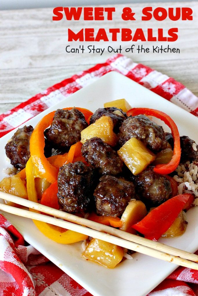 Sweet and Sour Meatballs | Can't Stay Out of the Kitchen | this #meatball entree is awesome! It's made with a delicious sweet & sour sauce & filled with bell peppers, #pineapple & water chestnuts. Served over #rice, this is the perfect weeknight meal. #beef #glutenfree