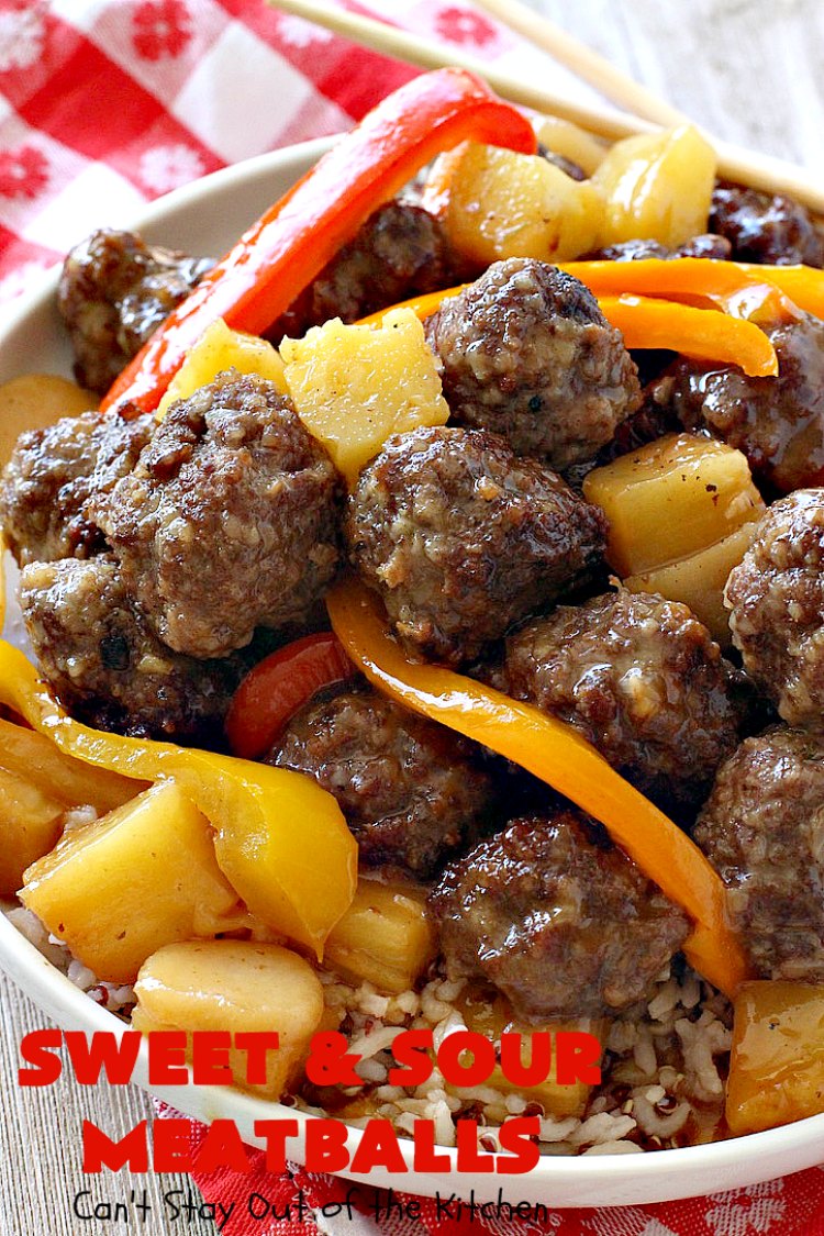 Sweet and Sour Meatballs | Can't Stay Out of the Kitchen | this #meatball entree is awesome! It's made with a delicious sweet & sour sauce & filled with bell peppers, #pineapple & water chestnuts. Served over #rice, this is the perfect weeknight meal. #beef #glutenfree