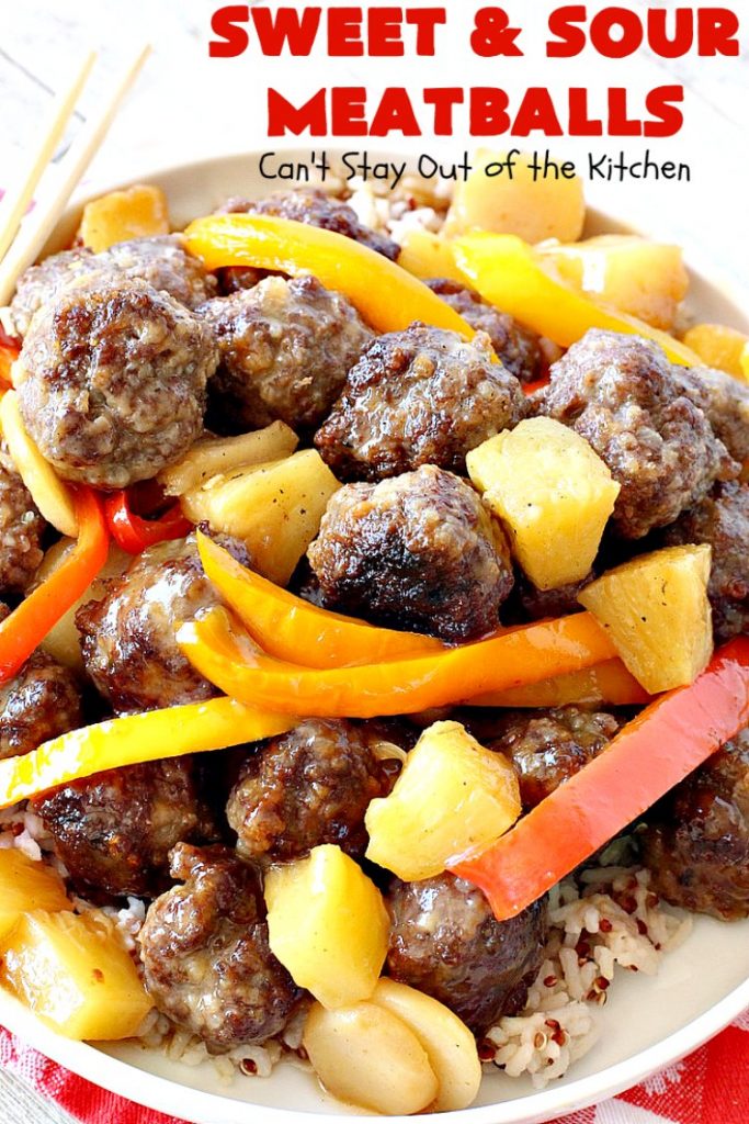 Sweet and Sour Meatballs | Can't Stay Out of the Kitchen | this #meatball entree is awesome! It's made with a delicious sweet & sour sauce & filled with bell peppers, #pineapple & water chestnuts. Served over #rice, this is the perfect weeknight meal. #beef #glutenfree