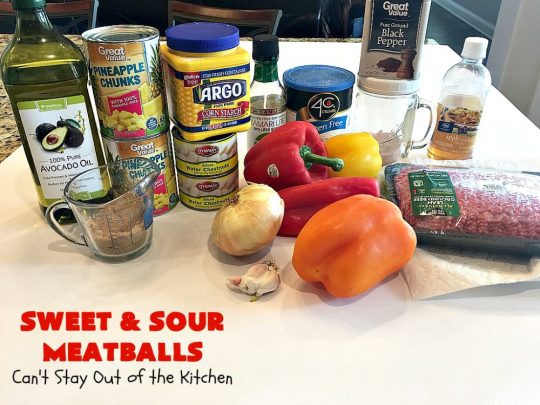 Sweet and Sour Meatballs | Can't Stay Out of the Kitchen | this #meatball entree is awesome! It's made with a delicious sweet & sour sauce & filled with bell peppers, #pineapple & water chestnuts. Served over #rice, this is the perfect weeknight meal. #beef #glutenfree