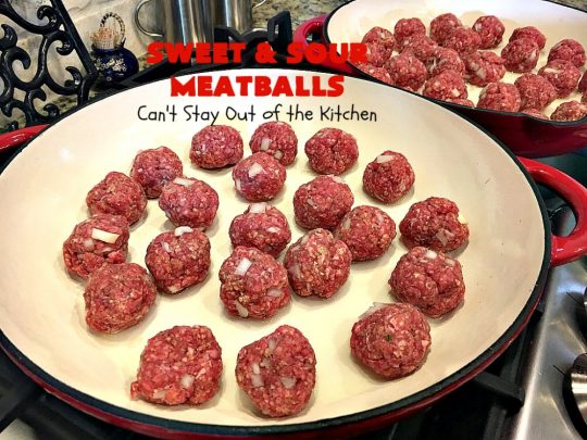 Sweet and Sour Meatballs | Can't Stay Out of the Kitchen | this #meatball entree is awesome! It's made with a delicious sweet & sour sauce & filled with bell peppers, #pineapple & water chestnuts. Served over #rice, this is the perfect weeknight meal. #beef #glutenfree