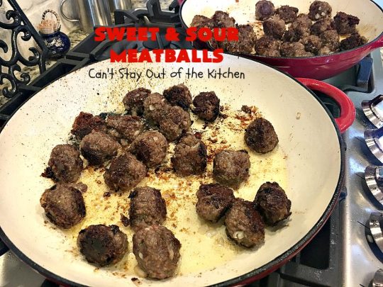 Sweet and Sour Meatballs | Can't Stay Out of the Kitchen | this #meatball entree is awesome! It's made with a delicious sweet & sour sauce & filled with bell peppers, #pineapple & water chestnuts. Served over #rice, this is the perfect weeknight meal. #beef #glutenfree