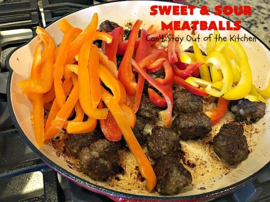 Sweet and Sour Meatballs | Can't Stay Out of the Kitchen | this #meatball entree is awesome! It's made with a delicious sweet & sour sauce & filled with bell peppers, #pineapple & water chestnuts. Served over #rice, this is the perfect weeknight meal. #beef #glutenfree
