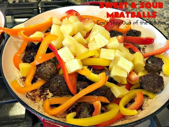 Sweet and Sour Meatballs | Can't Stay Out of the Kitchen | this #meatball entree is awesome! It's made with a delicious sweet & sour sauce & filled with bell peppers, #pineapple & water chestnuts. Served over #rice, this is the perfect weeknight meal. #beef #glutenfree